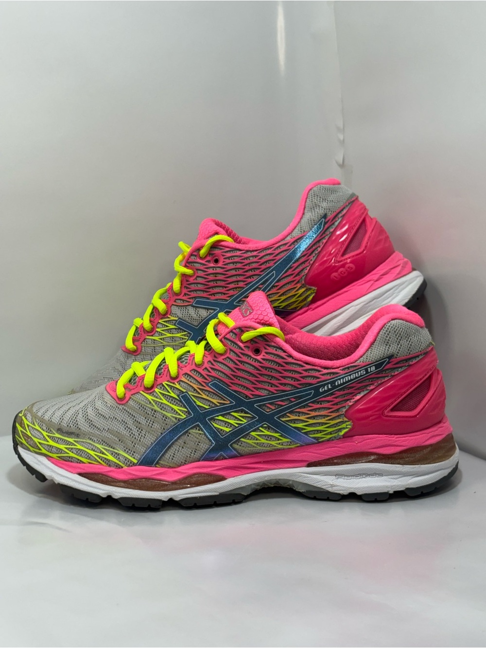 Asics Gel-Nimbus 18 Women's Size 10 Running Shoes Vibrant Pink/Yellow/Gray T650N